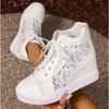 Baskets Compensées Plateforme pour Femmes Talons Hauts en Caoutchouc Chaussures à Lacets Augmentant la Hauteur Blanc Fond Épais