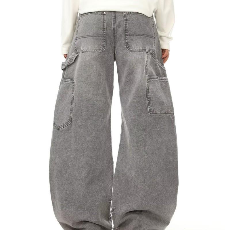 Mens Vintage Washed Grey Splatter Paint Wide Leg Denim Pants Loose Fit Straight Cut Low Rise