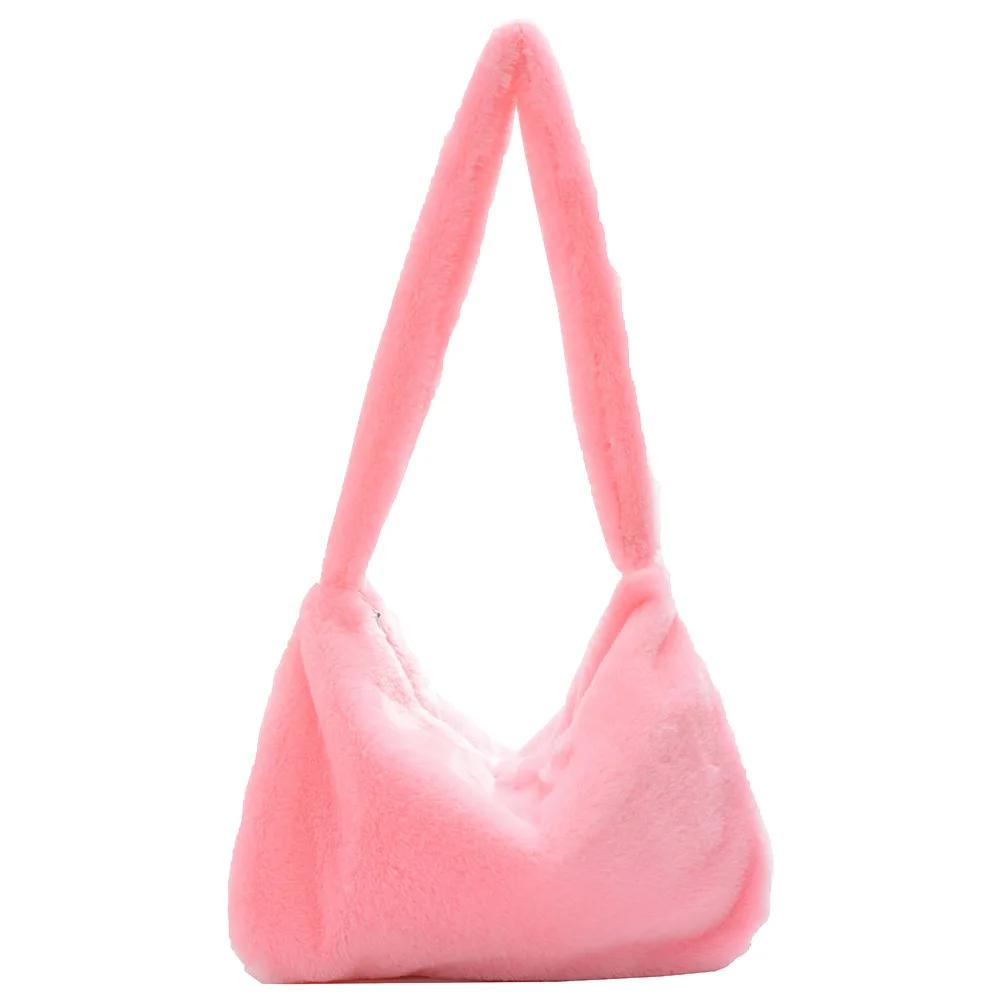 Women Bag Autumn Winter Flower Printed Underarm Bag Fluffy Tote Bag Plush Soft Handbags Ladies Large Capacity Furry Shoulder Bag