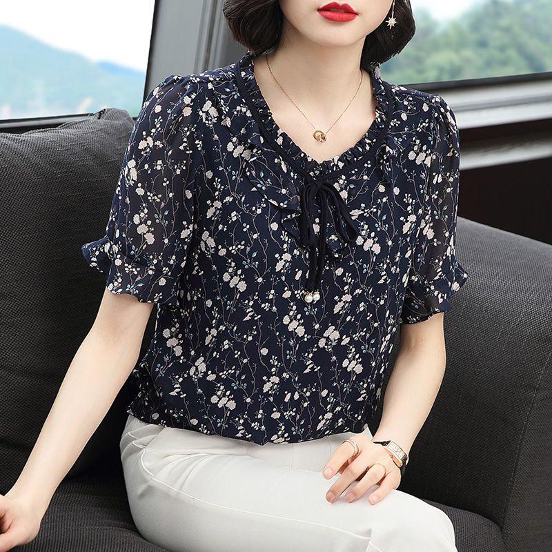 New All Match Elegant Chiffon Belly Cover Chiffon Shirt Summer New Floral Short Sleeved Korean Fashion Round Neck Popularity Top