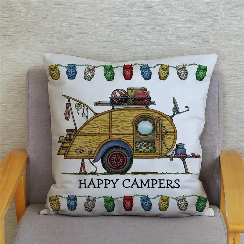 45X45Cm Happy Campers Owl Motorhome Print Pillow Case Soft Polyester Sofa Car Seat/Back Cushion Cover For Home Decor Pillowcases
