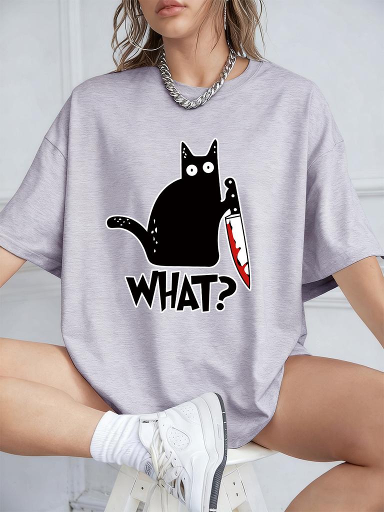 Schwarze Katze mit Messer Aufdrucken Kurzarm T-Shirts Damen Sommer Baumwolle T-Shirts Locker O-Ausschnitt Weiche Oberteile Streetwear