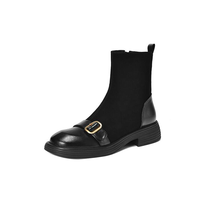 

Fashion NEW Autumn Women Boots Split Leather Shoes for Women Round Toe Chunky Heel Shoes Zip Belt Buckle Boots Sheep Suede Leather Boots 34 чорний