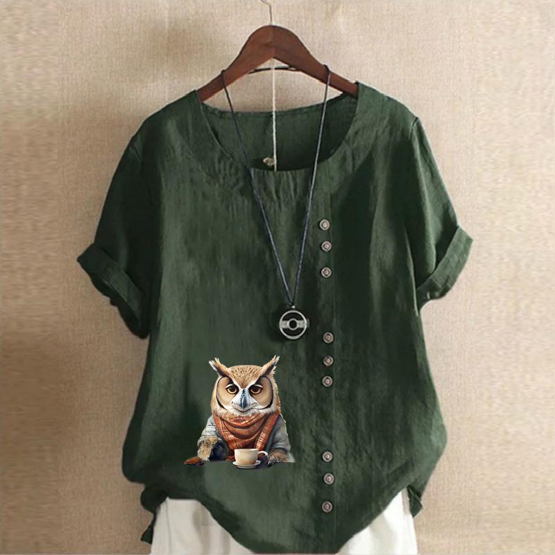 Women's Fashion Owl Prined Short Sleeve T-shirt Loose Cotton Shirt Casual Loose Summer Blouse Plus Size Tops