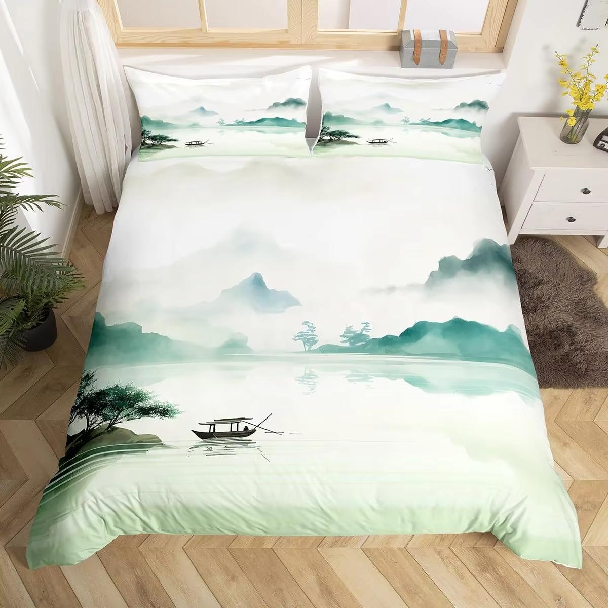 

Landscape Duvet Cover King Size Double Bed Chinese Traditional Culture Ink Painting Bedding Set Home Decoration 3 Piece Set EU Single(135x200cm)