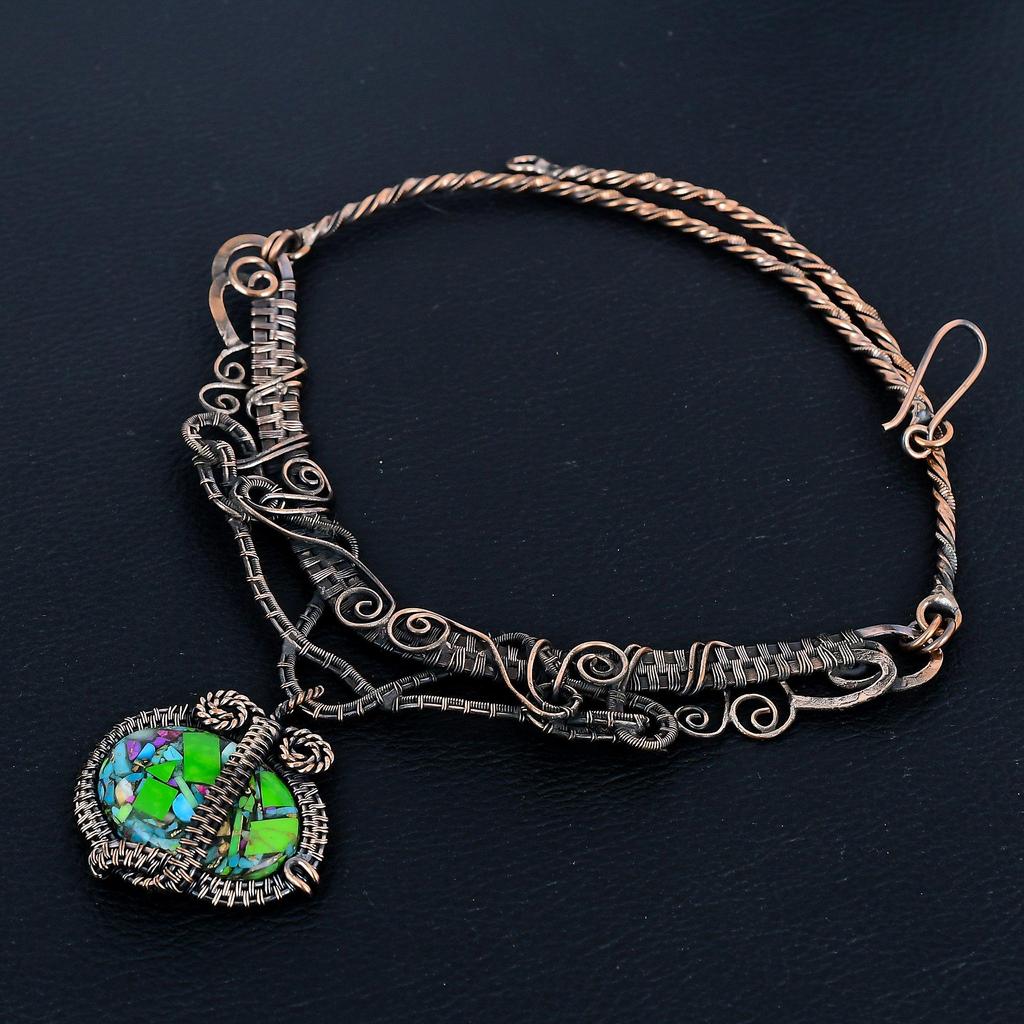 Fiesta Kingman Turquoise Necklace, 999 Copper Wire Wrapped Necklace Jewelry, Adjustable Chain Gemstone Handmade Jewelry Necklace, Gift For Friend