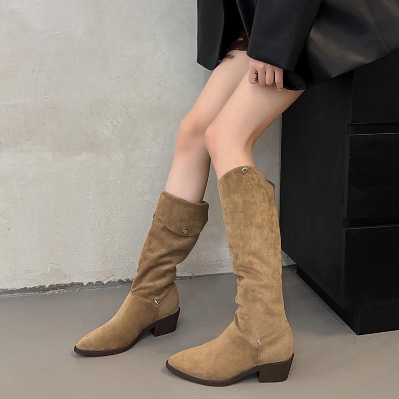 Pile boots women's pointed high tube medium tube knight boots 2025 new early autumn winter brown western cowboy long boots