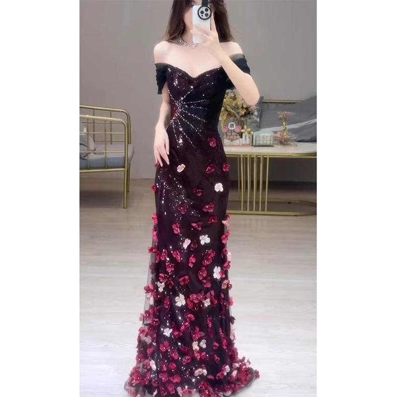 One-word shoulder toast, bridal flower sequins, engagement banquet evening dress, fishtail skirt, host, advanced sense art test