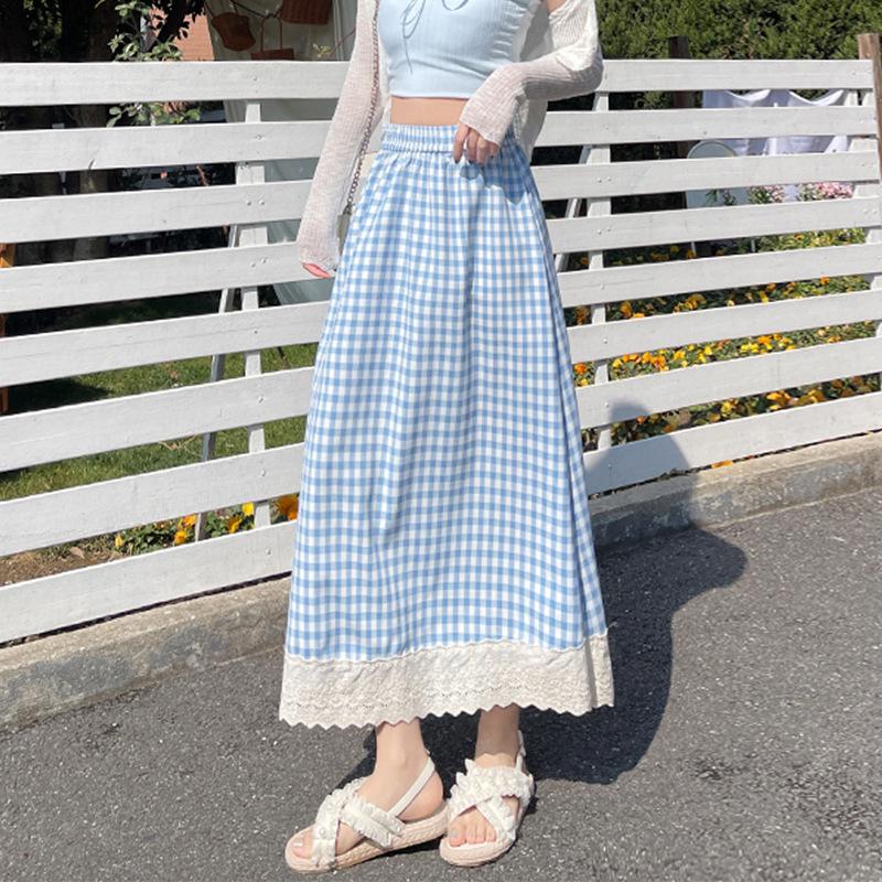 Women's High Waist Checkered Lace Trim A-line Midi Skirt (2025)