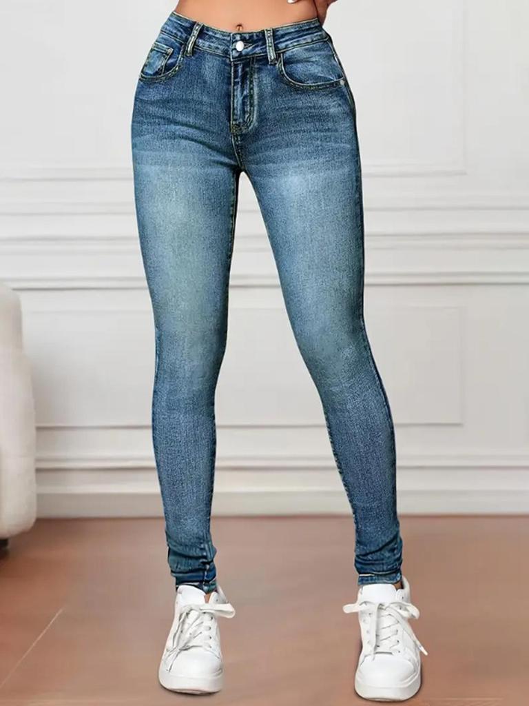 European & American Cross-Border Mid-Waist Washed Stretch Butt-Lifting Women's Skinny Jeans