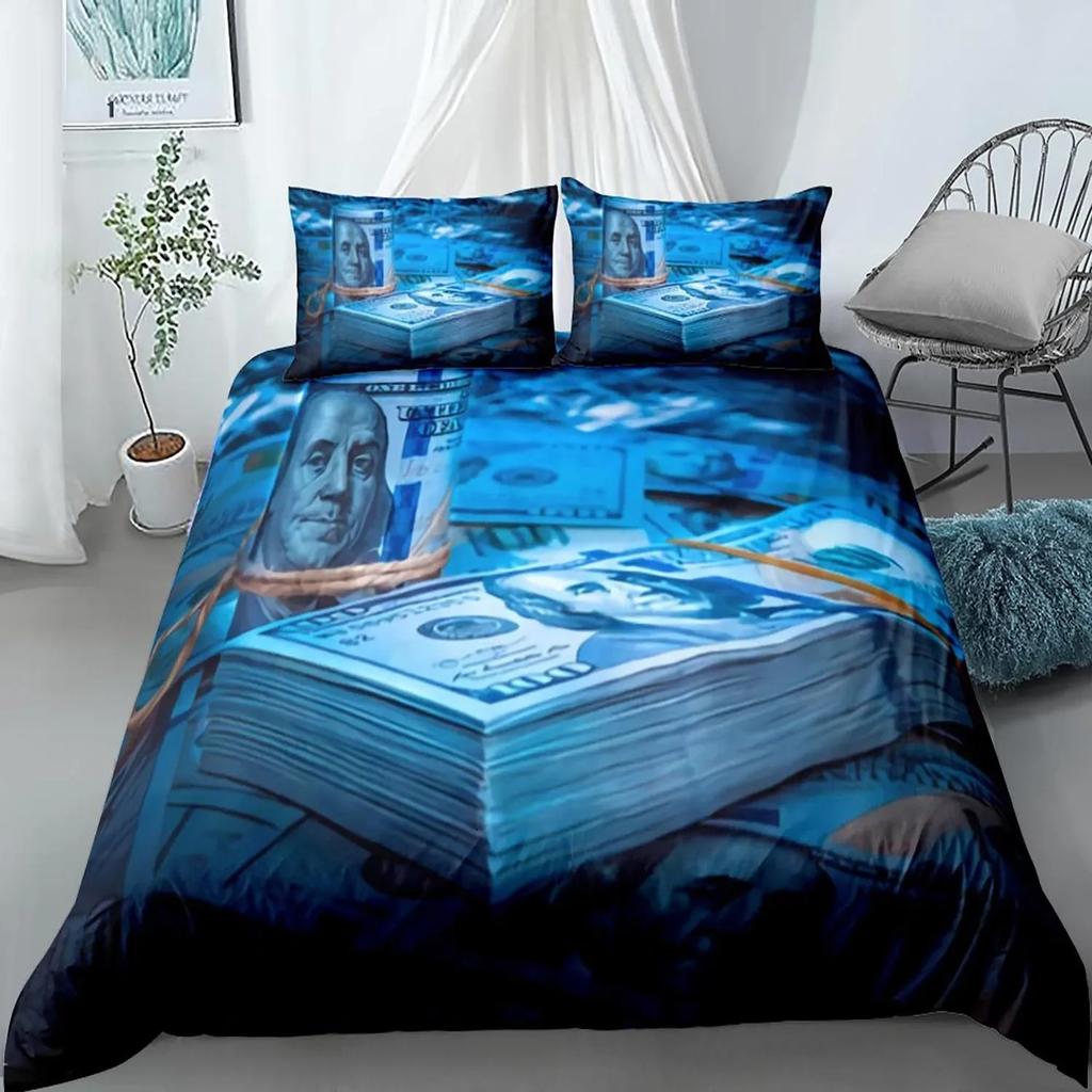 Dollar Duvet Cover Set, Art Blue Printing Money 3 Piece Bedding Set Queen/King/Full/Twin Size Quilt Cover for Boys Teens Girls