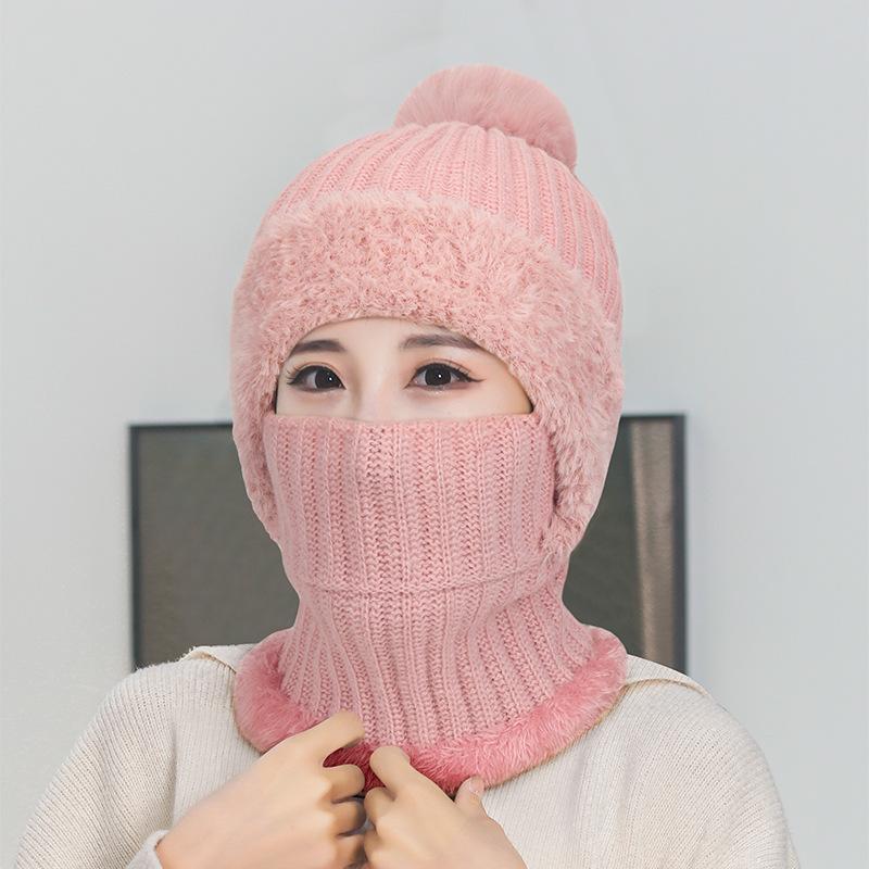 High Stretch Solid Color Knitted Scarf Mask All-In-One Cap Women's Winter Cycling Windproof Warm All-In-One Cap