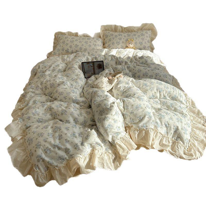 Cotton Double-Layer Yarn 4Pcs Set, Small Lotus Leaf Edge, Fresh Pure Cotton Gauze Quilt Cover, Bed Sheet