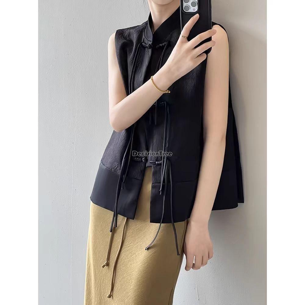 Spring Summer Chinese Style Plate Buckle Waistcoat Jacket Jacquard Stand Collar Sleeveless Retro Women Cheongsam Waistcoat