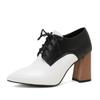 Fashion Women's Pump Shallow Brogue Shoes Vintage Chunky Heel Oxford Lace-Up Fashion Elegant Ladies High Heels White Black Brown Red