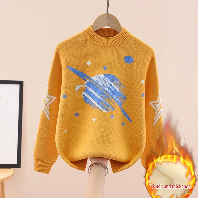 Boys' Fleece-Lined Round Neck Korean-Style Sweater: Thick Knitwear for Autumn and Winter