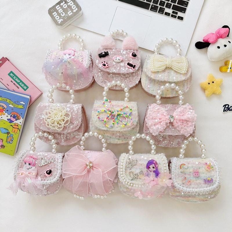 Charming Pink Bow Sequin Girls Shoulder Bag With Pearl Chain For Kids Fashion