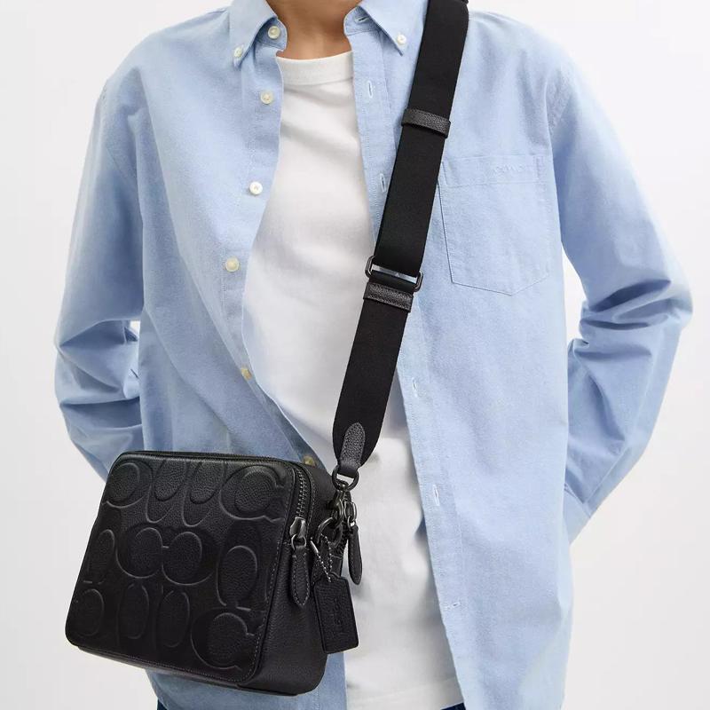 Coach Charter 23 Logo Embossed Removable Shoulder Strap Leather Shoulder Bag Medium Men's Black