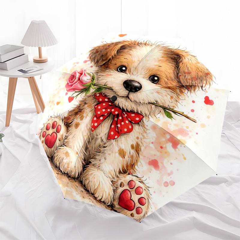 1pc Cute Puppy with Rose Umbrella with Plastic Handle,Suitable for All Seasons Home Travel Outdoor Umbrellaptys31058