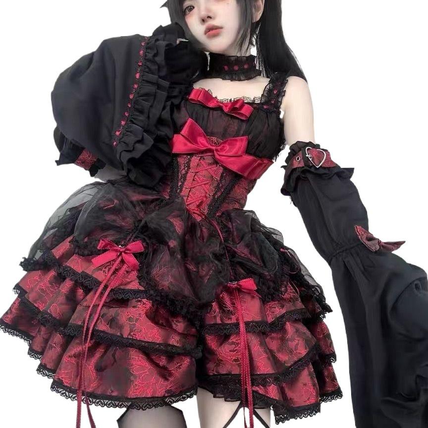 In-Stock Rose Butler Black & Red Strappy Lolita JSK Dress - Cute Two-Dimensional Sweet & Spicy Cosplay Outfit