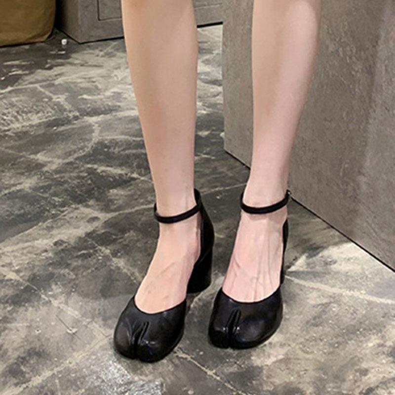 Fashion High Heels Shoes Woman Ankle Strap Silver Black Leather Pumps Split Toe Mary Janes Shoes Woman 2025 Spring Summer Heeled Sandals