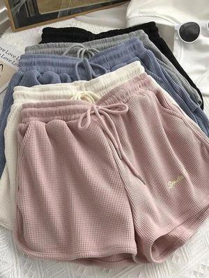 Damskie letnie szorty sportowe waflowe 2024 - Casualowe, luźne z wysokim stanem, z szerokimi nogawkami, hot pants do noszenia na zewnątrz i w domu.