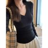 Women's Slim Fit V-Neck Long Sleeve White Base Layer T-Shirt for Fall/Winter