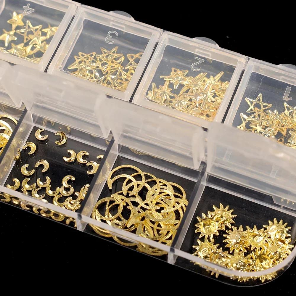 12 Grids Gold Star Moon Nail Art Charm 3DMetal Nail Rhinestones for Acrylic Nails Decoration Jewelry Making DIY Crafts Supply