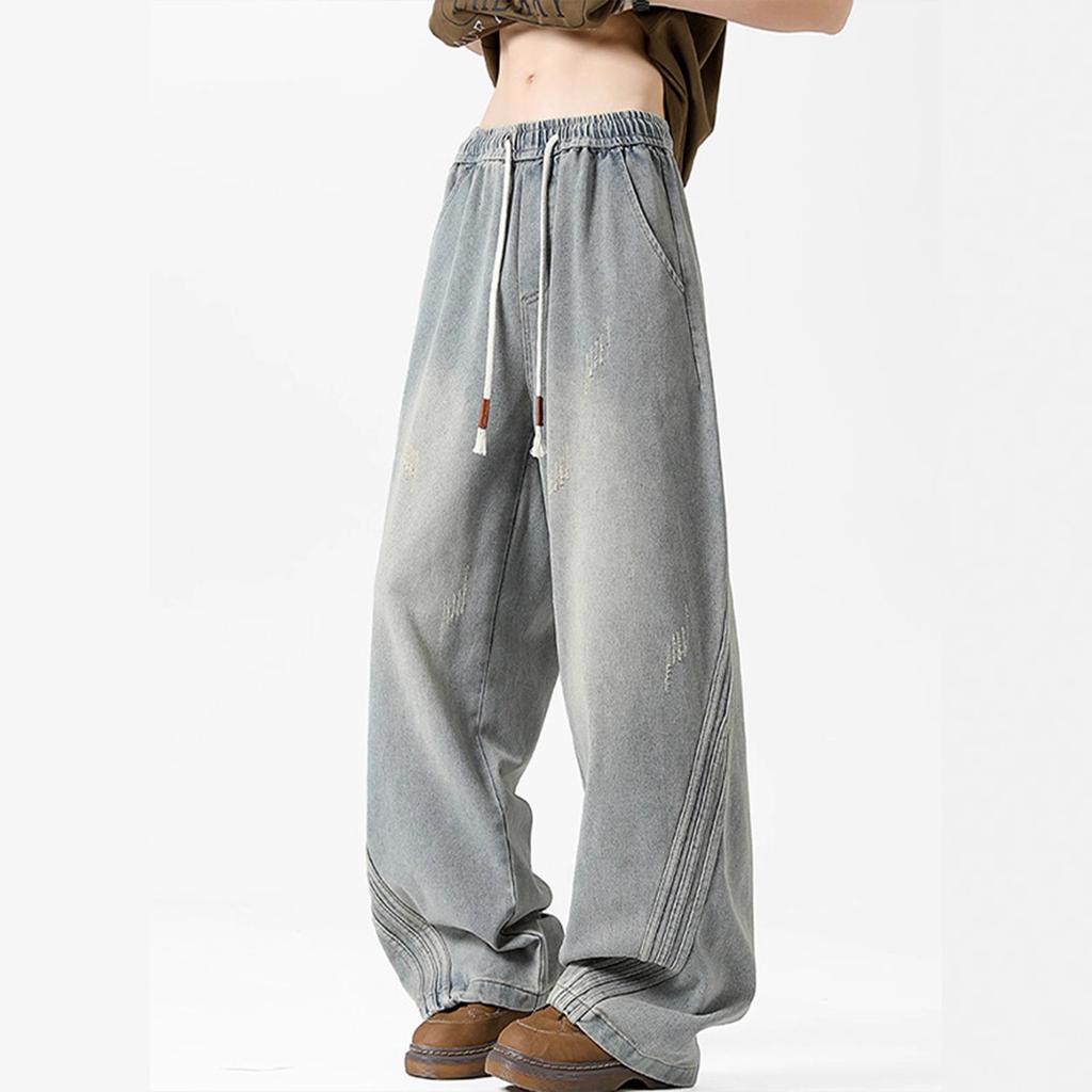 Striped splicing old jeans men's autumn American street washed scimitar wide-leg pants retro loose straight trousers