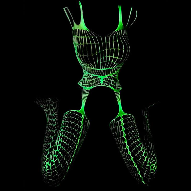 Glow in Dark Fishnet Bodysuit Seamless Lingerie Set Nightclub Outfit Sheer Tights Roleplay Costume Partywear Sexy Women Full Body Shimmer