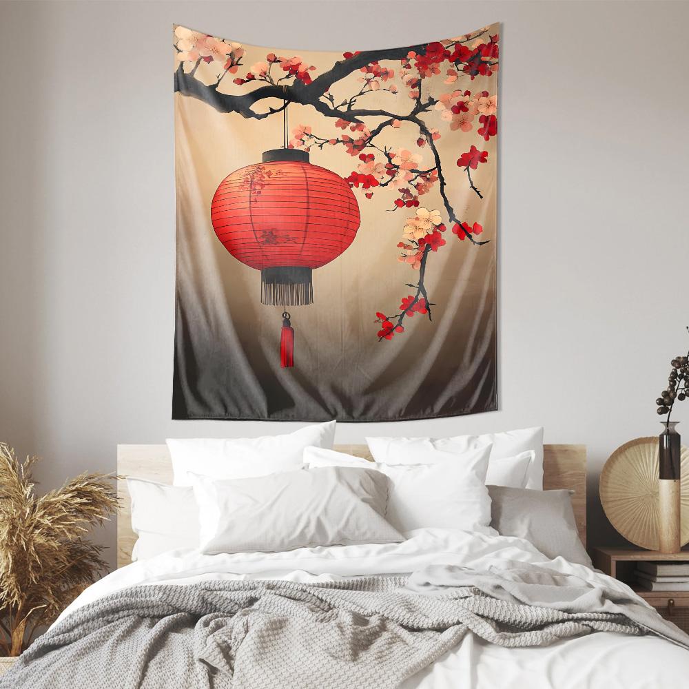 Cherry Blossom and Red Lantern Tapestry  Oriental Aesthetic Home Decor Cozy Living Room Wall Art