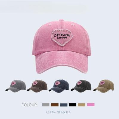 Korean Hat Women's Fashion Autumn and Winter Love Embroidery Washed Baseball Cap Pink Cap Retro Couple Visor