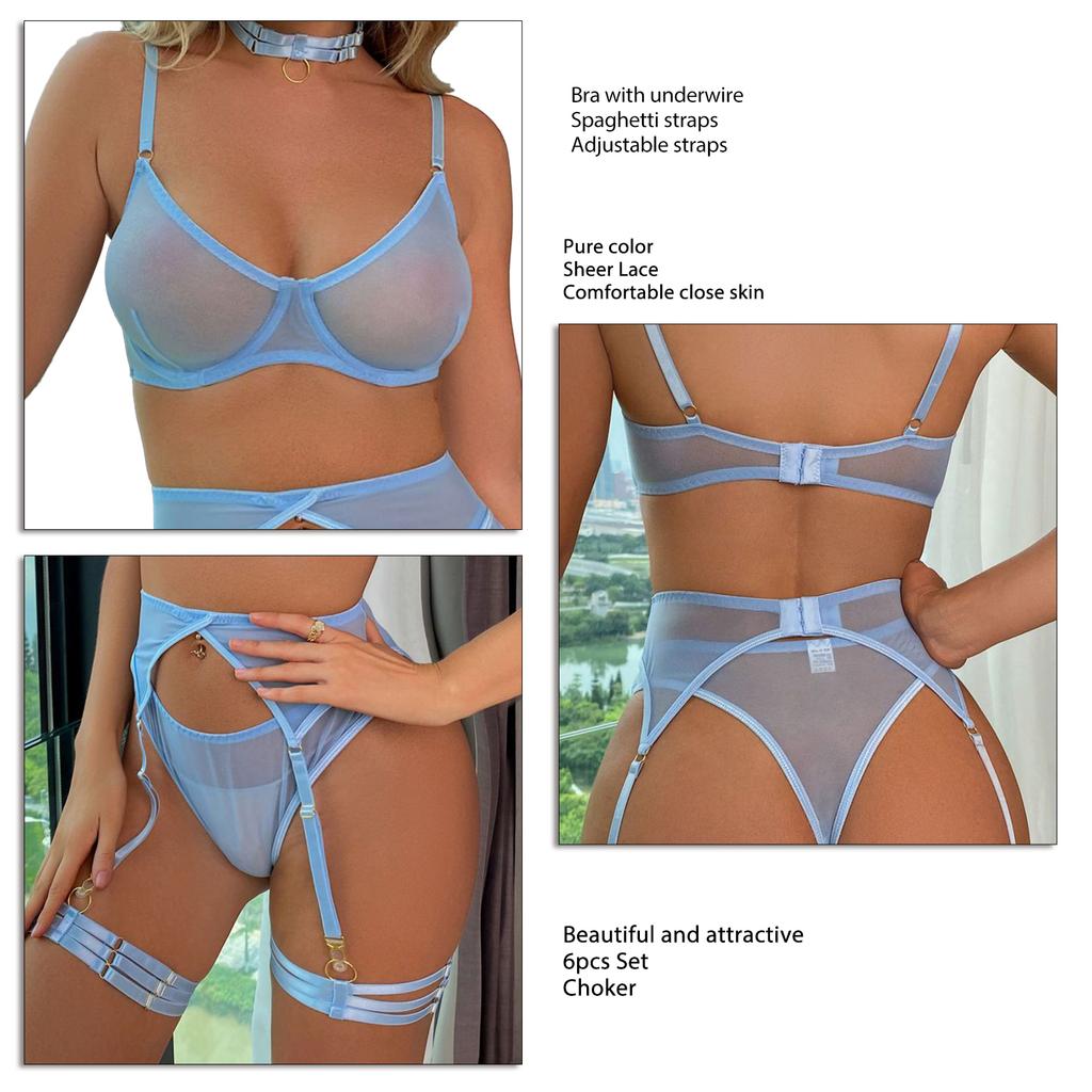6pcs Set Women Underwire Bra Set Sheer Mesh Bra Panty Set Adjustable Choker Garter Belt Thigh Bands Blue M