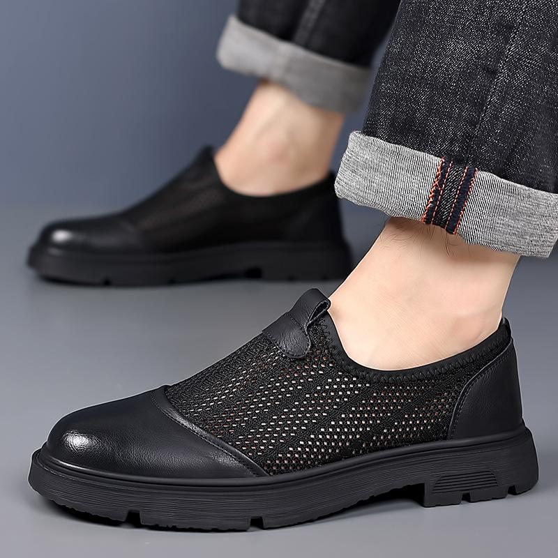 Fashion 2024 Summer New Hollow Mesh Men's Loafers Designer New Thick Soled Outdoor Walking Slip-on Men's Business Leather Shoes