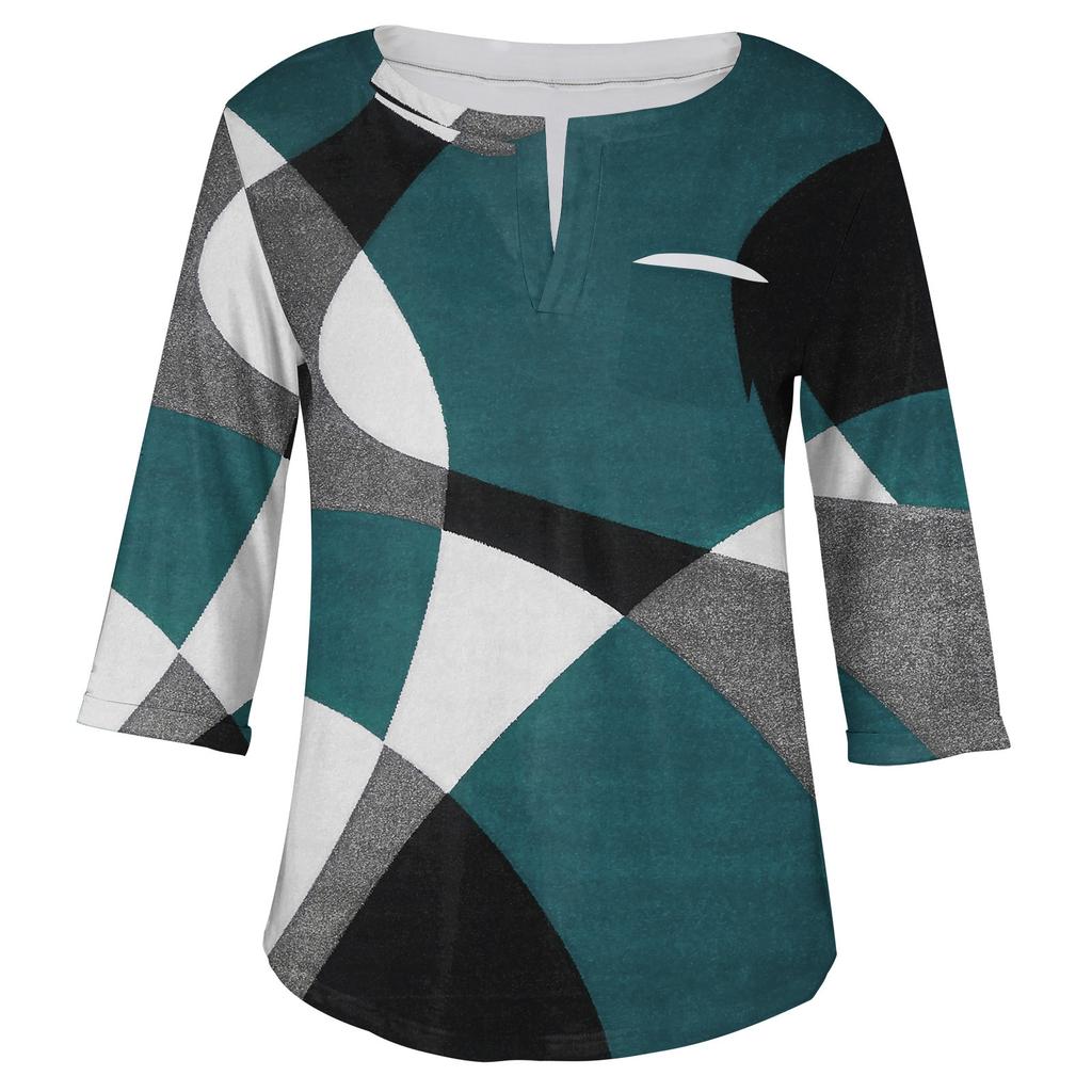 Women's Fashionable Casual Three Quarter Sleeve Printed V Neck Pullover 4/3 Sleeve Top