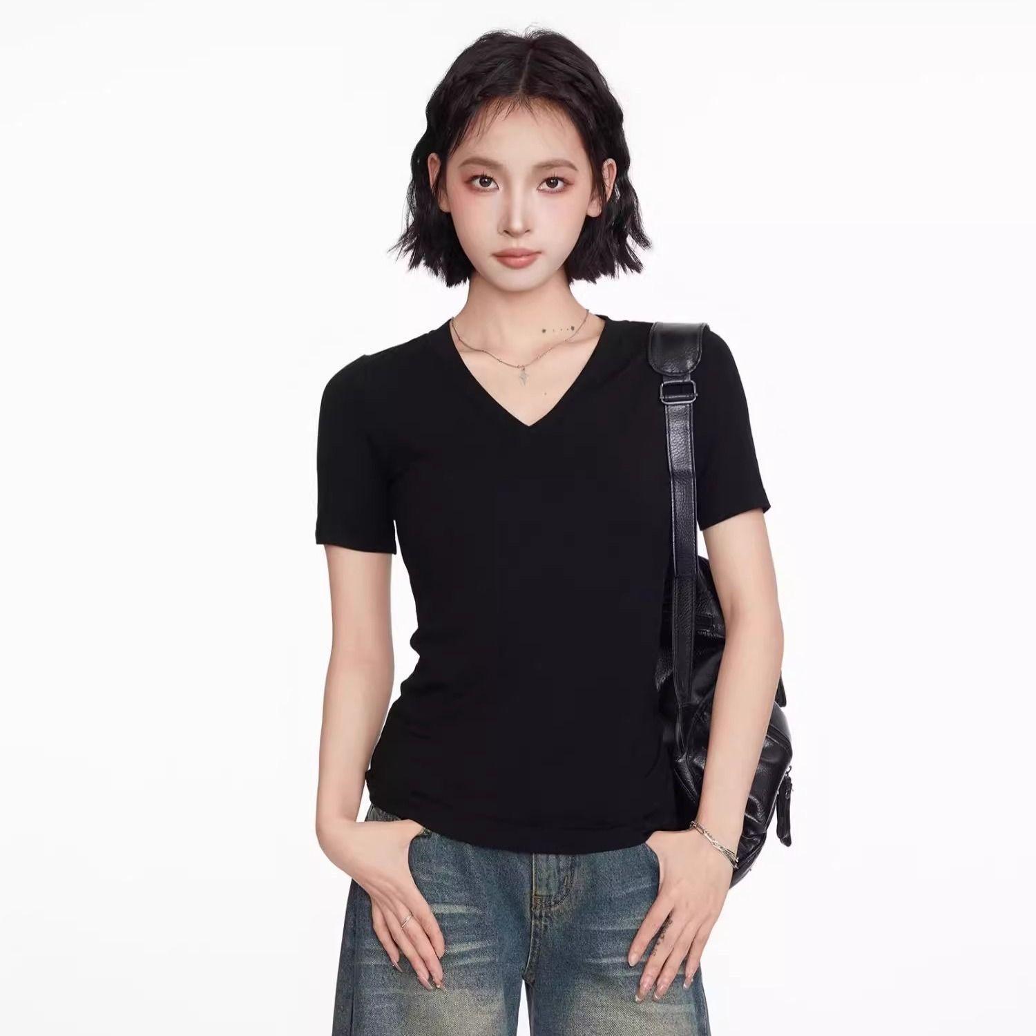 

Женский черный топ с V-образным вырезом, приталенного кроя, с короткими рукавами, летний L