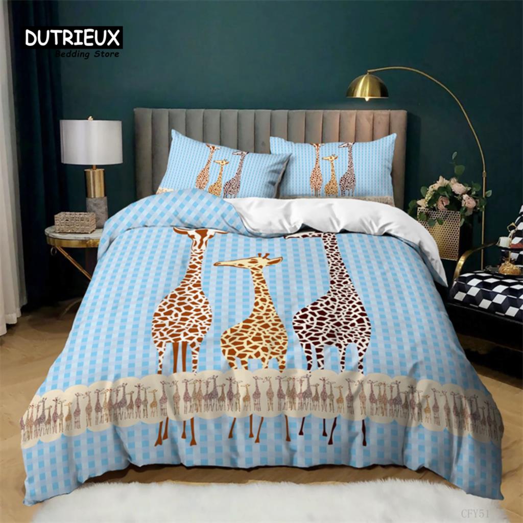 

Cartoon Elk Duvet Cover Giraffe Deer Bedding Set Full For Kids Teens Room Decor Wild Animal Floral Quilt Cover With Pillowcases EU single(135x200cm)