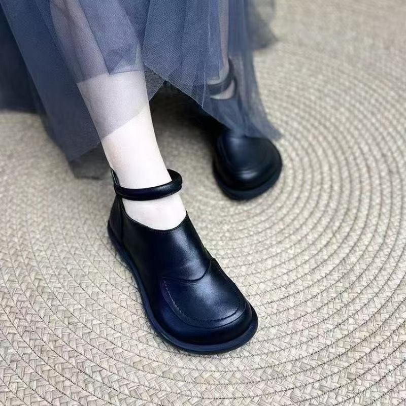 Damskor Ankelstövlar i Mjukt Läder Patch Rund Tå Slip-On Vardagsskor Andningsbara Svarta Stövletter