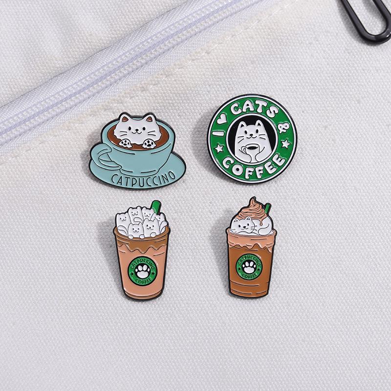 Cat On Coffee Cup Ice Cream Enamel Pin Funny Brooch Cartoons Badge For Bags Jeans Hoodies Denim Lapel Pin Jewelry Kids Best Gift