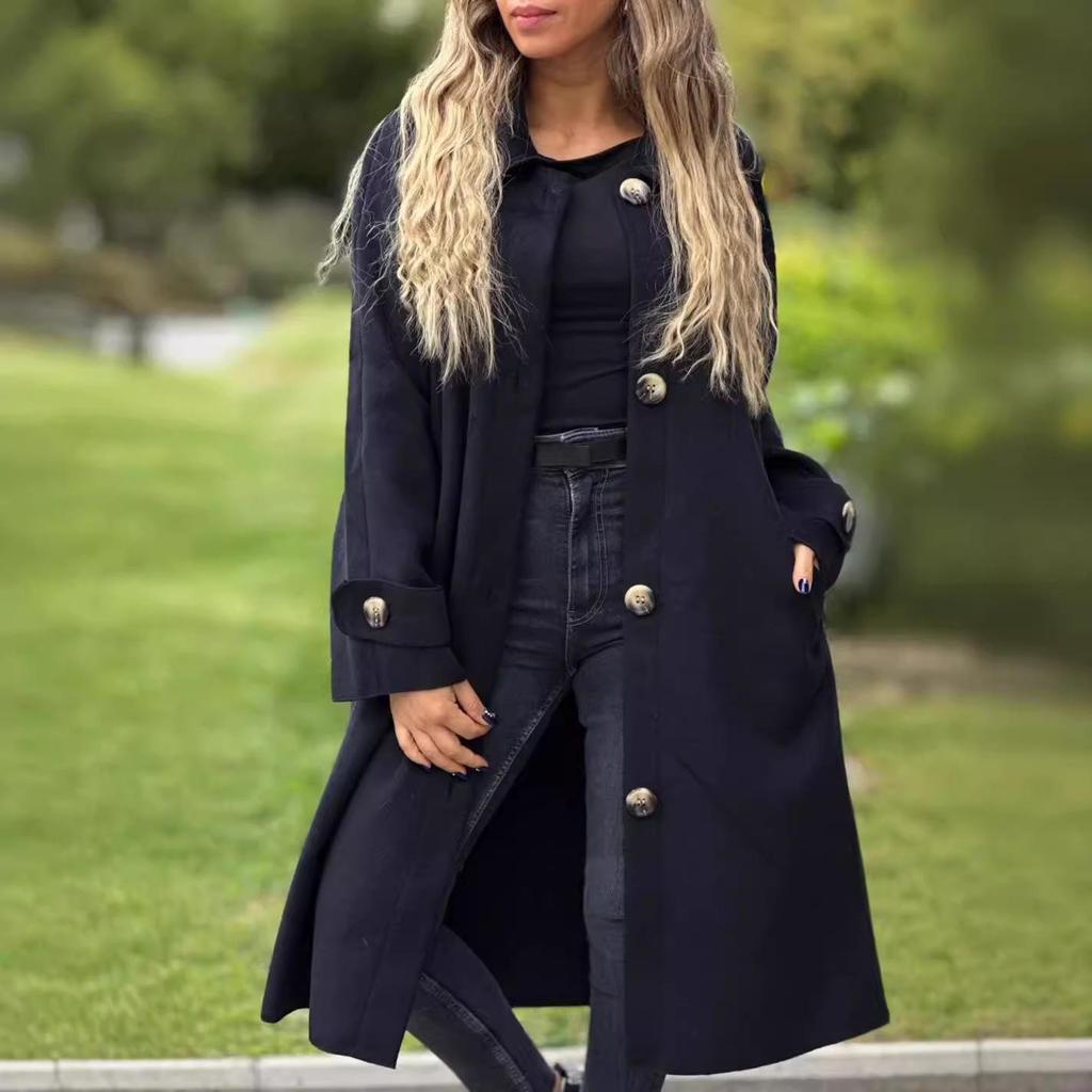 2025 Autumn/Winter Casual Woolen Coat Jacket - Solid Color with Buttons