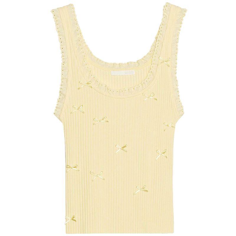 Zaprha 2025 New Arrival Sexy Silm Sleeveless Cotton Lace Bowknot Decoration Rib T-shirt Female 0858317