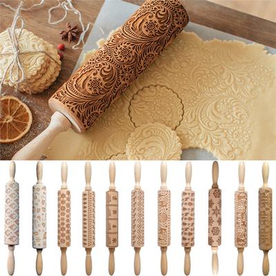 Christmas Embossing Rolling Pin Baking Cookies Biscuit Fondant Cake Dough Engraved