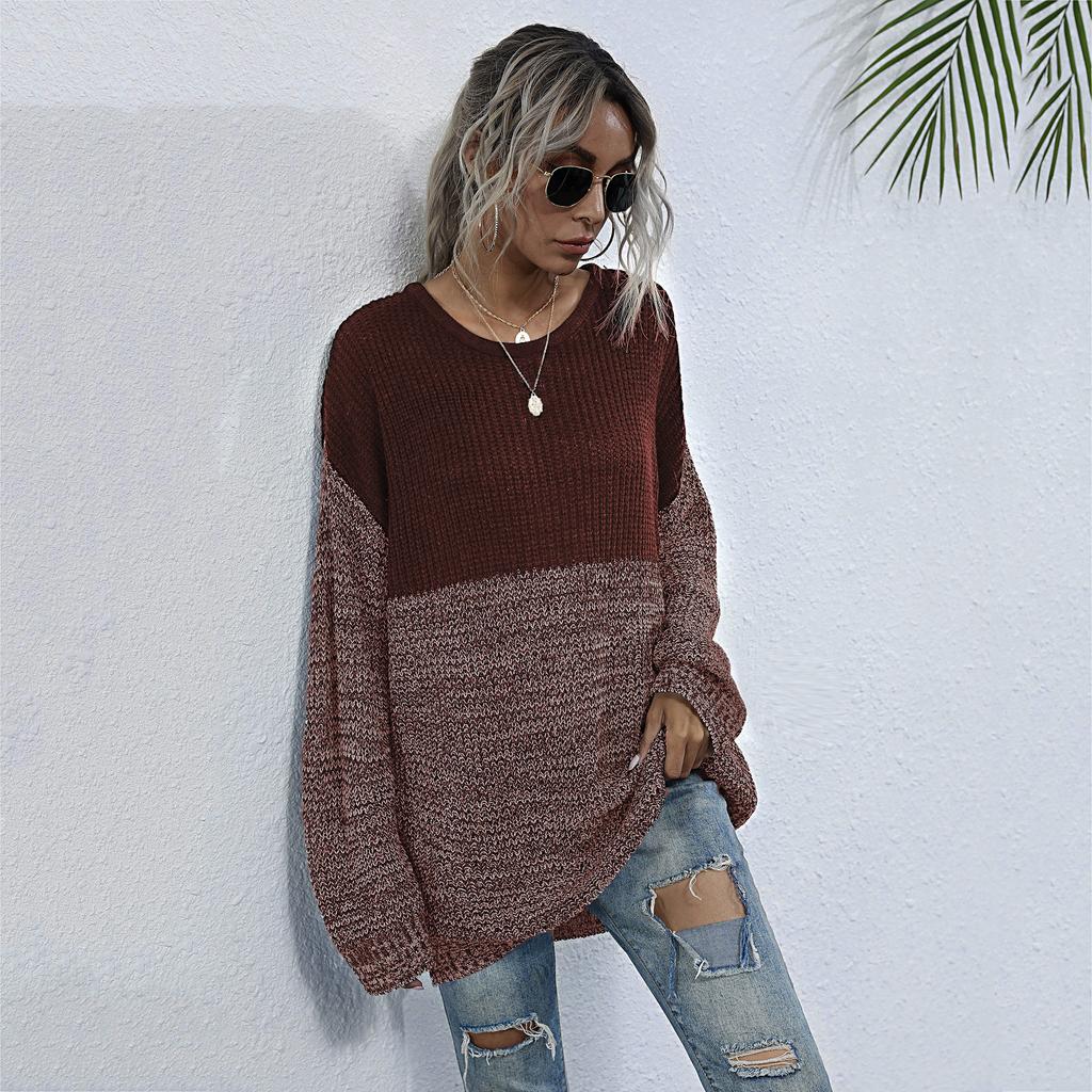 Women's Crew Neck Sweater, Color-Block, Loose Fit for Fall and Winter