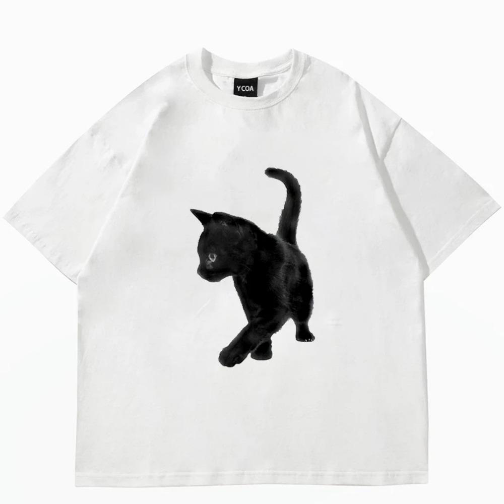 Women's Cute Cat Printed Short Sleeved T-shirt Women's Harajuku Fashion Couple Loose Street Style Y2K Clothing