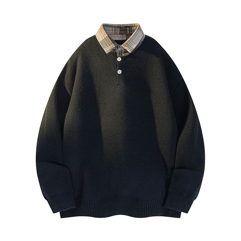 Men's New Autumn and Winter Fake Two-piece Shirt Sweater Half-button Knitted Bottoming Shirt