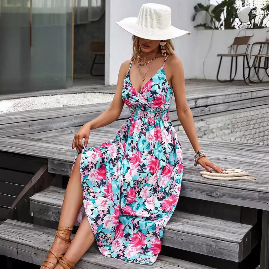 Summer Women's Floral Print V-neck Spaghetti Strap Waist-cinched Dress, European Style Casual Sundress For Women