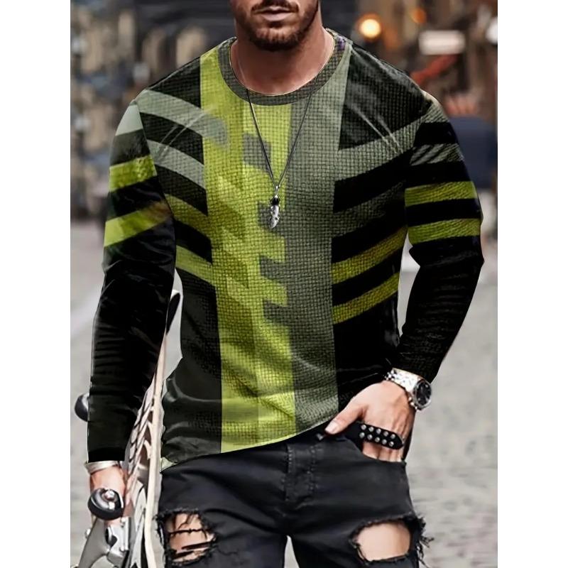 Vintage T-Shirt for Men Irregular Plaid Graphic T Shirts Round Neck Long Sleeve Tee Oversized Man Clothing Top Creative Clothing
