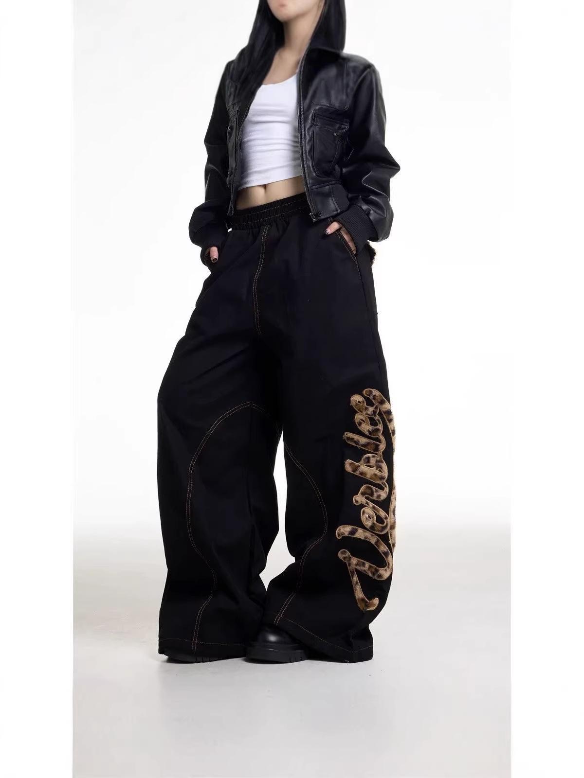 

American Retro Leopard Embroidered Wide-Leg Jeans for Women - Spicy Girl Slimming Floor-Length Design XXL чорний