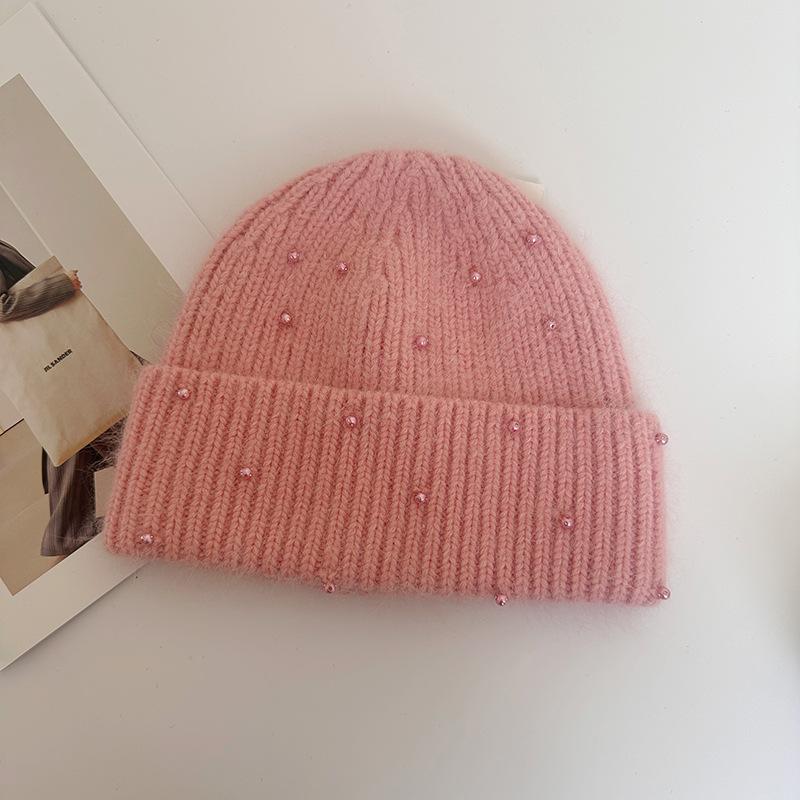 Neuer Perlen-Kaninchenhaar-Strickhut Damen Winter Outdoor Warm Mode Ohrenschützer Wollmütze