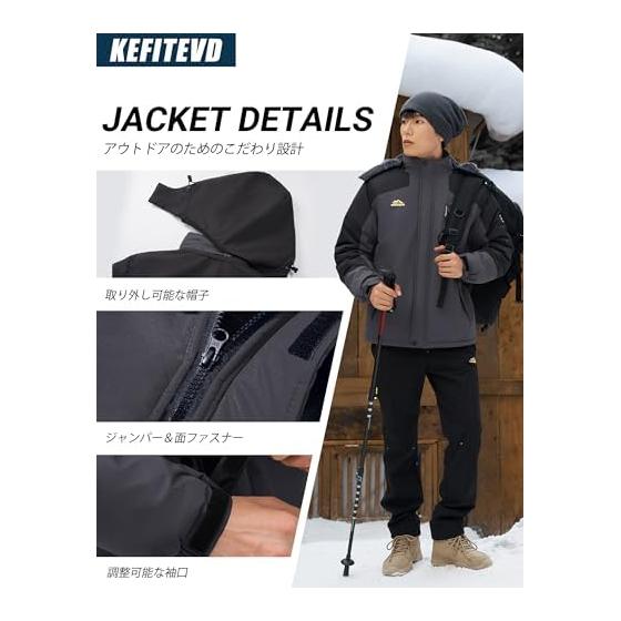 [KEFITEVD] Mountain Parka Men's Windproof Cold Protection Boa Lining Windbreaker Water Repellent Mountain Climbing Jacket Outdoor Camping Fishing Ski